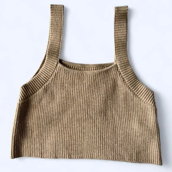 Zara Womens Tan Ribbed Knitted Summer Beach Cute Crop Tank Top Small - Picture 2 of 9
